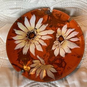 Vintage ashtray. Enamel on copper. Orange with white flowers